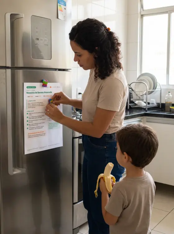 Cena ilustrativa: mãe prende a ficha da variação para casa na geladeira